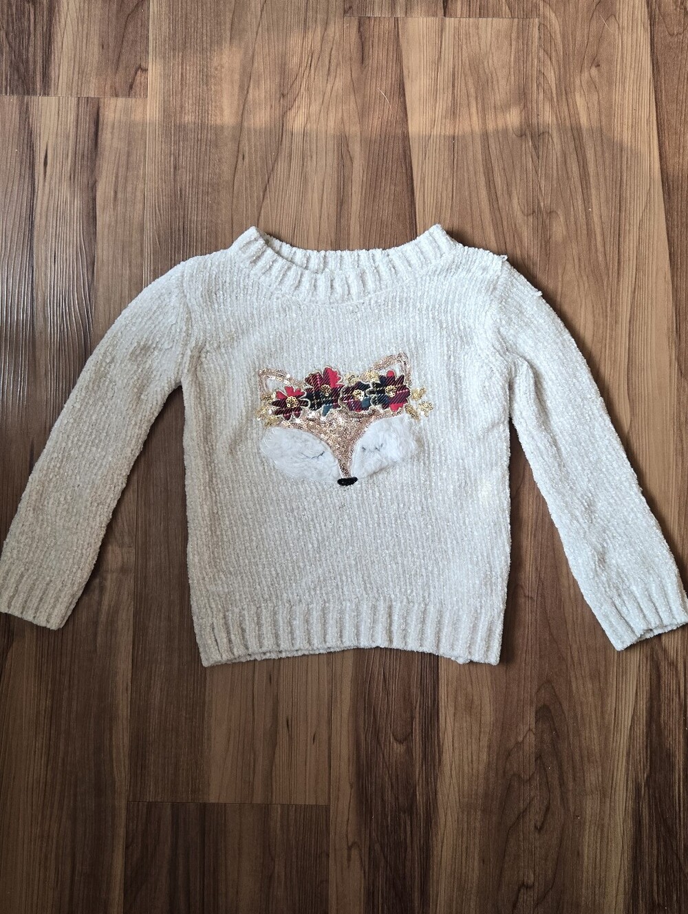 btween Cream Crewneck Sweater with Fox & Floral Metallic Appliqué 3T Girls GUC